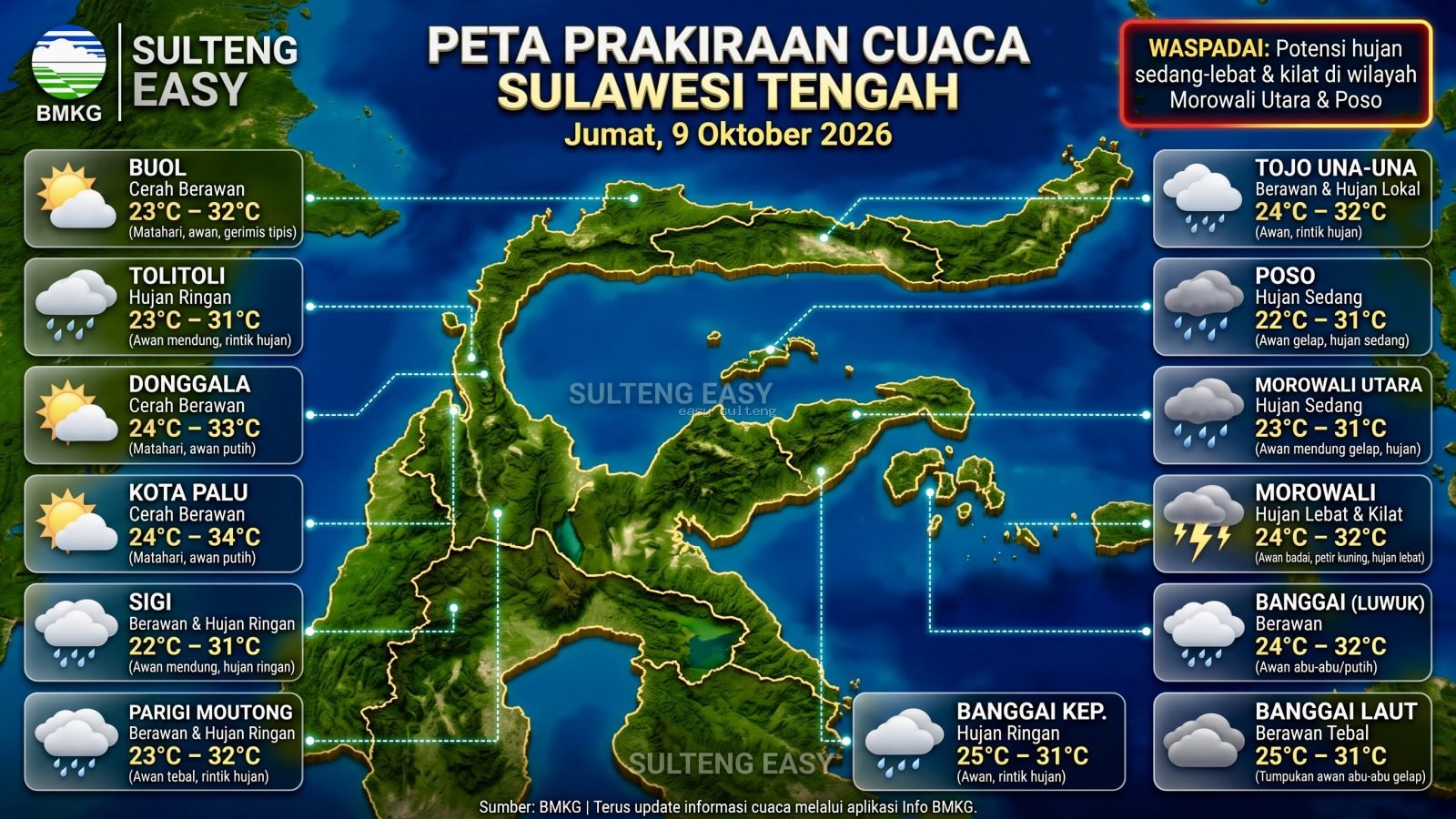 Peta infografis prakiraan cuaca, rentang suhu, dan kondisi cuaca di 13 kabupaten/kota Provinsi Sulawesi Tengah pada Jumat, 9 Oktober 2026.
