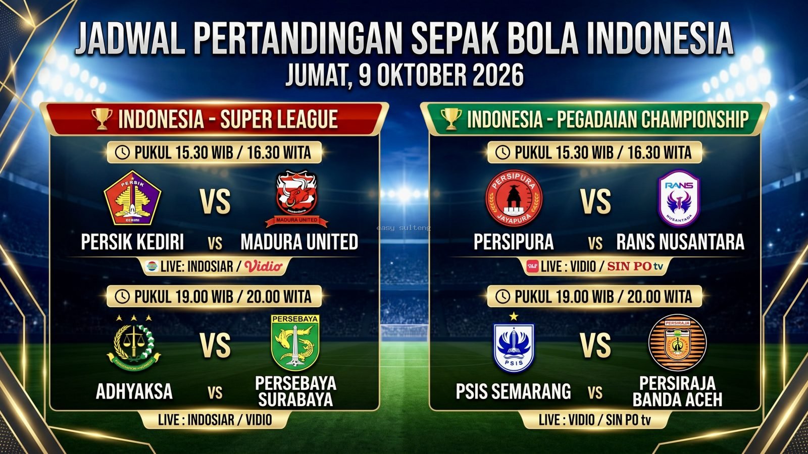 Ilustrasi grafis jadwal pertandingan sepak bola Indonesia Super League dan Pegadaian Championship untuk hari Jumat, 9 Oktober 2026.