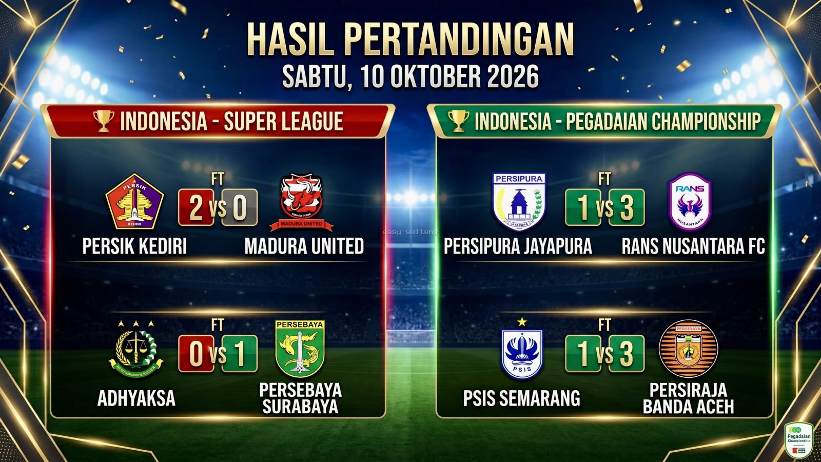 Hasil pertandingan sepak bola Indonesia Super League dan Pegadaian Championship untuk laga hari Jumat, 9 Oktober 2026.