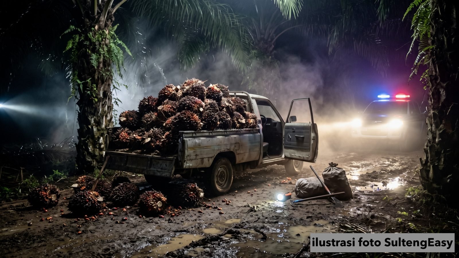 Pencurian buah kelapa sawit di area perkebunan.