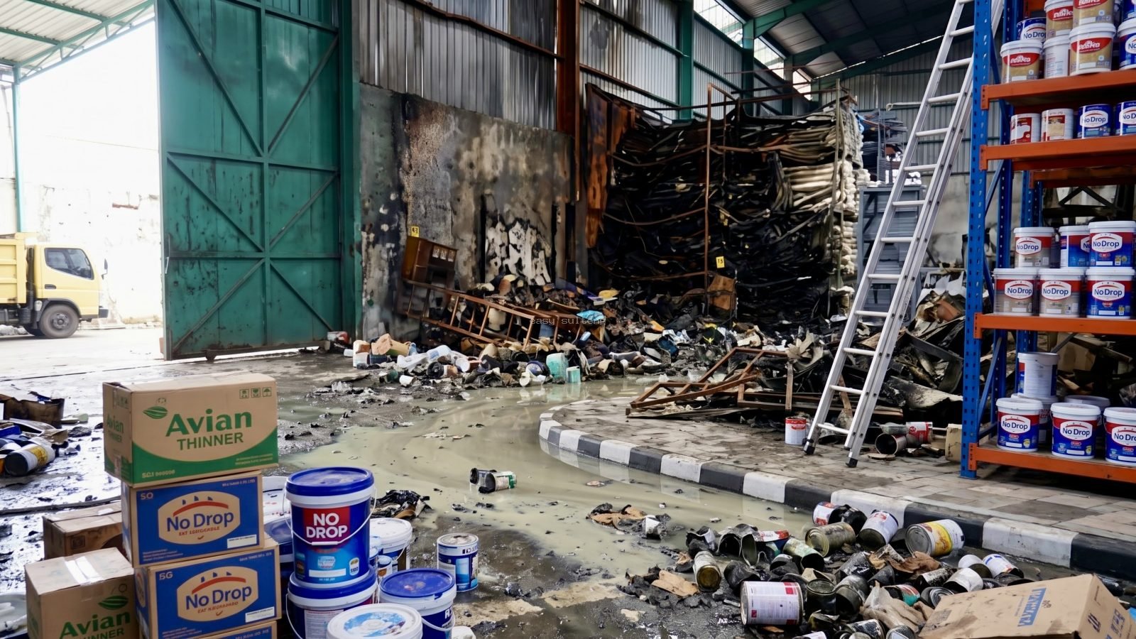Kebakaran api yang melanda bangunan gudang distributor bahan bangunan di Kabupaten Banggai.