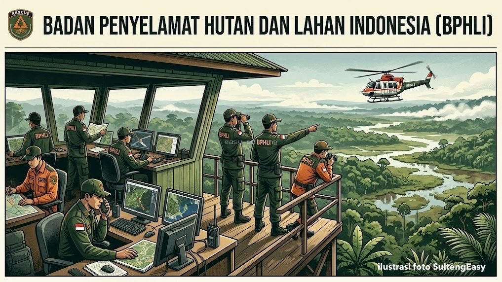 Ilustrasi tim reaksi cepat pengendalian kebakaran hutan dan lahan (Karhutla) yang sedang memantau titik rawan dan memadamkan api di kawasan hutan Indonesia.