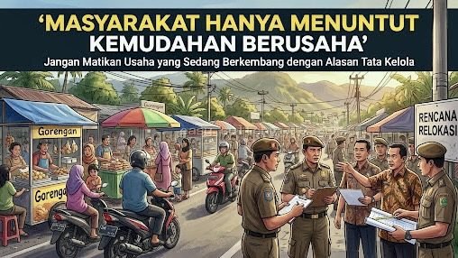 Ilustrasi aktivitas pedagang dan pelaku usaha kecil masyarakat yang sedang melayani pembeli sebagai penggerak utama perputaran ekonomi daerah.