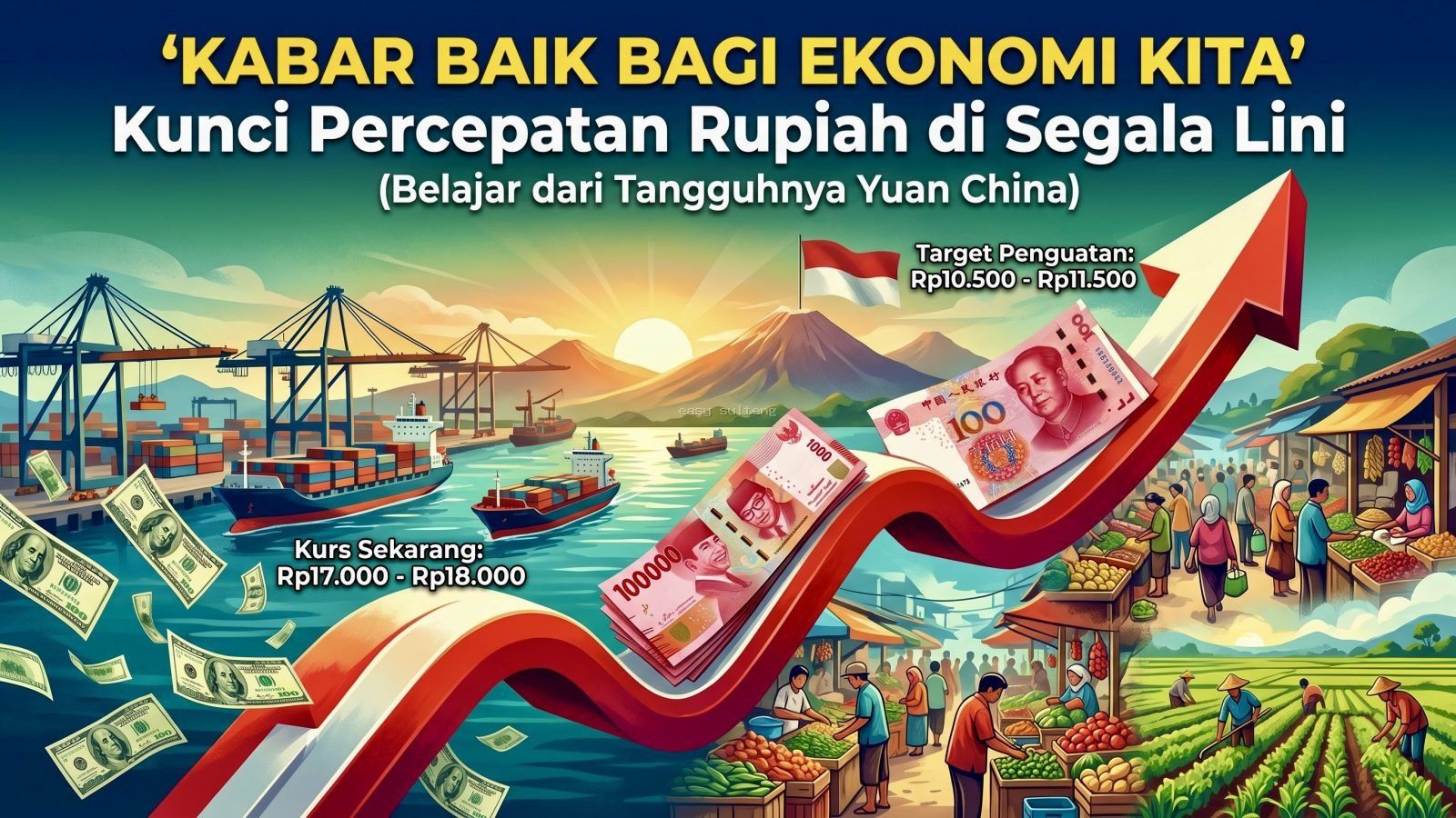 Ilustrasi nilai tukar mata uang Rupiah dan aktivitas produksi ekonomi masyarakat sebagai kunci penguatan kurs terhadap Dolar Amerika Serikat.