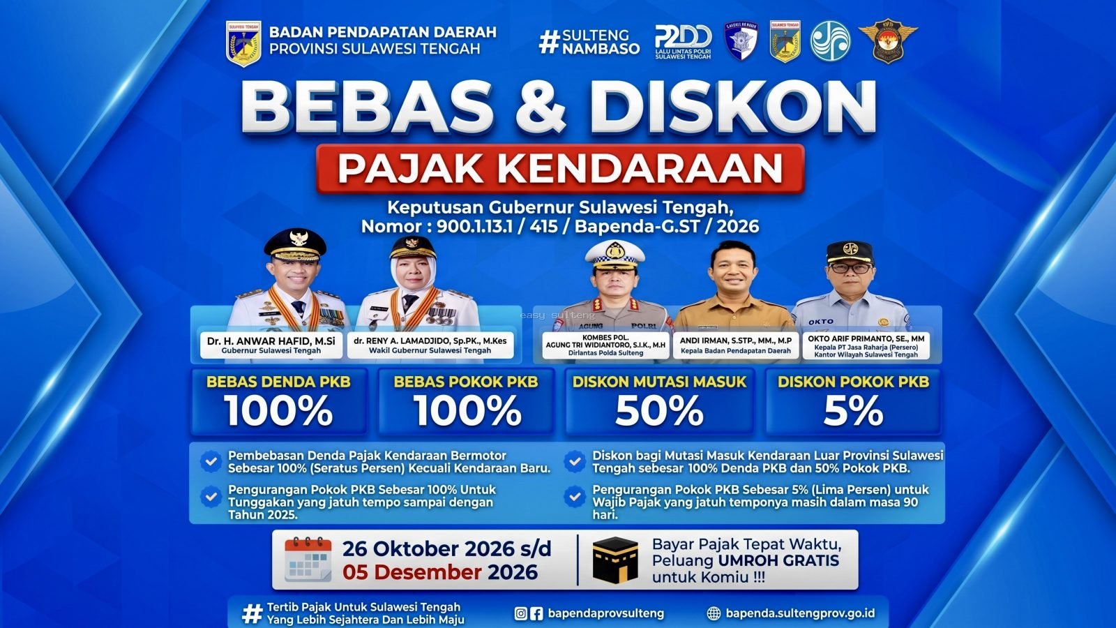 Poster infografis resmi Bapenda Provinsi Sulawesi Tengah mengenai program Bebas & Diskon Pajak Kendaraan Bermotor periode 26 Oktober hingga 5 Desember 2026.